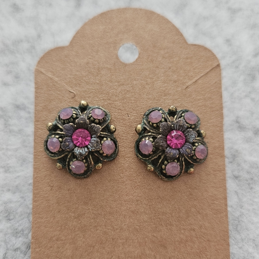 Bronze Tone & Pink Rhinestone Flower Stud Earrings